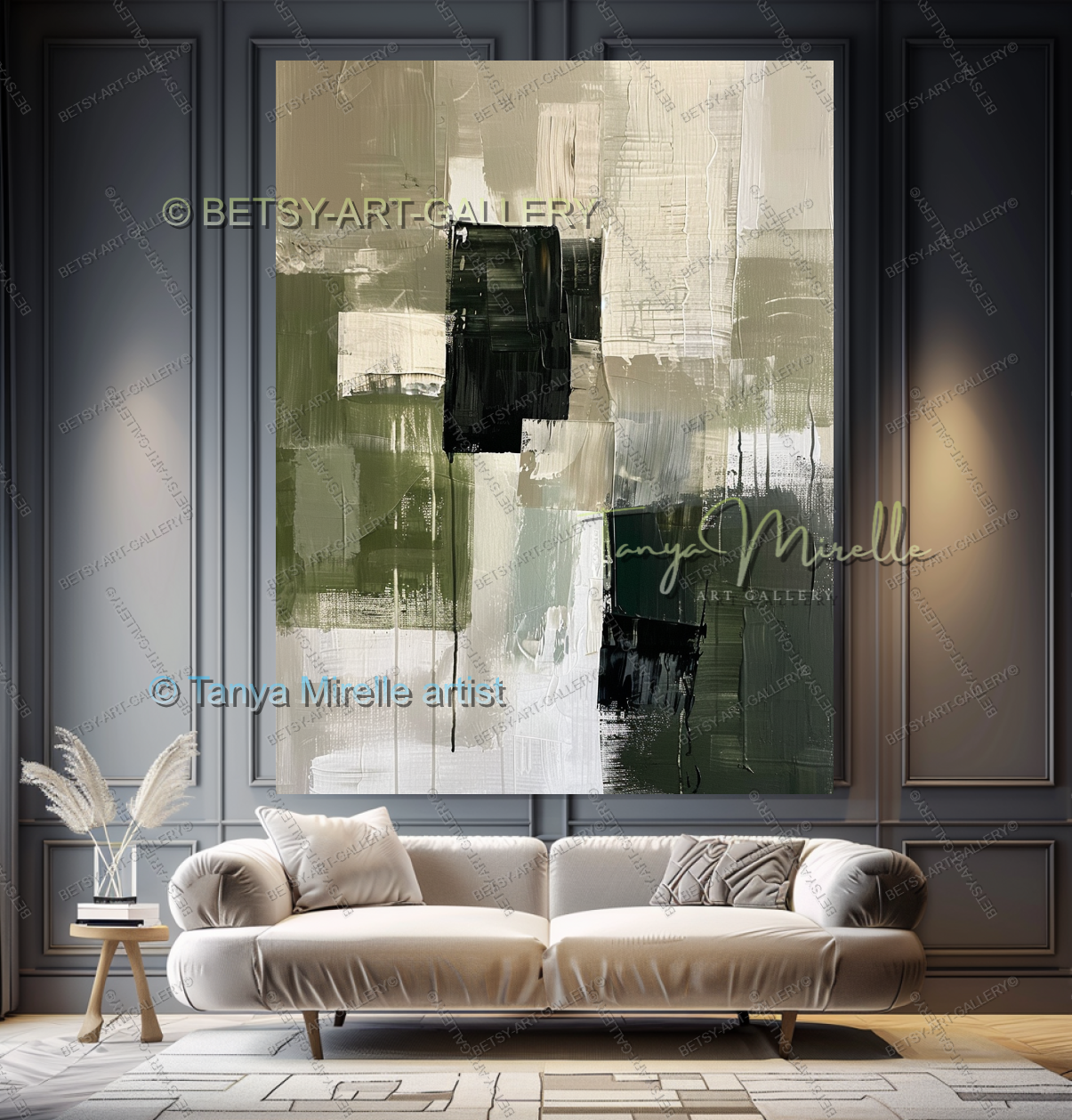 Elegant Green Olive White Textured Canvas Wall Art
