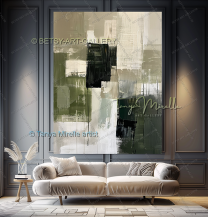 Elegant Green Olive White Textured Canvas Wall Art