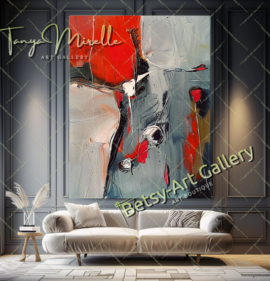 Red and Gray Modern Abstract Oil Painting on Canvas #171