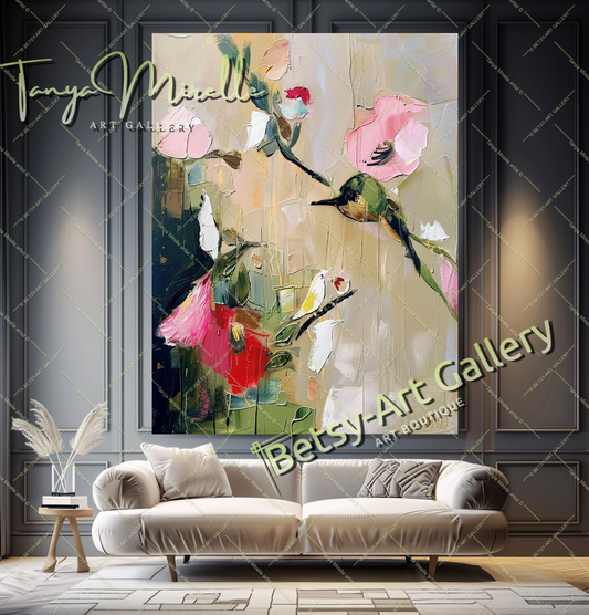 Pink and Green Floral Abstract Oil Painting on Canvas #173