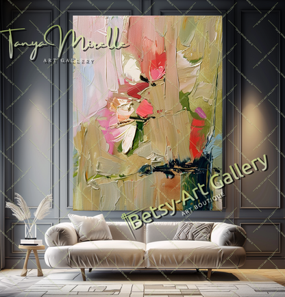 Pink and Green Floral Abstract Oil Painting on Canvas #173