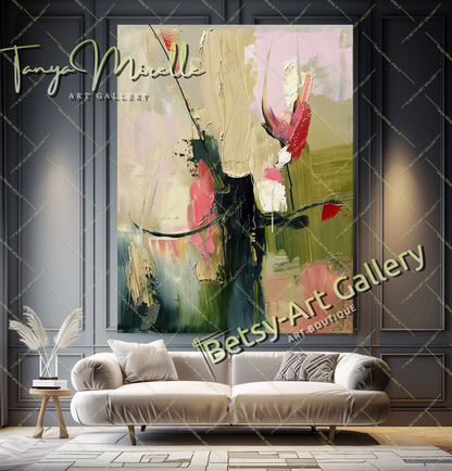 Pink and Green Floral Abstract Oil Painting on Canvas #173