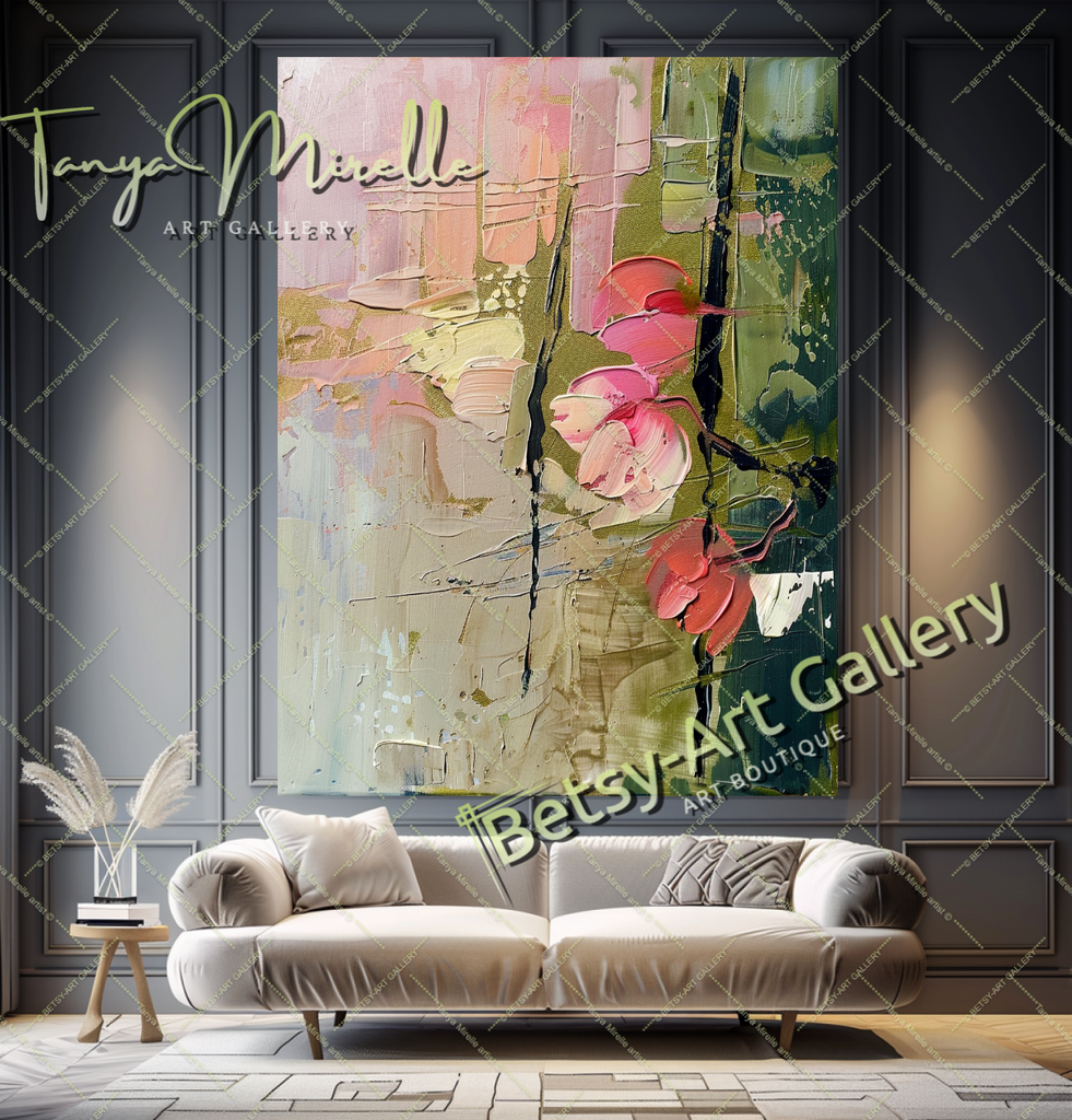Pink and Green Floral Abstract Oil Painting on Canvas #173 – Large – Oil on Canvas – {{ product.title }} canvas artwork by Tanya Mirelle – modern wall decor – original artwork for home, living room, office, or gallery – original artwork by BETSY-ART GALLERY