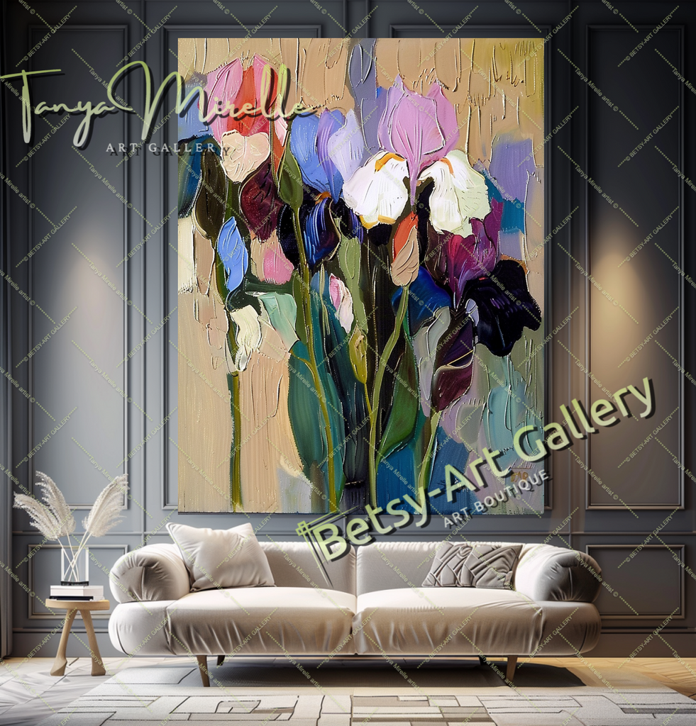 Colorful Bouquet Abstract Impasto Wall Art #180 – Large – Oil on Canvas – {{ product.title }} canvas artwork by Tanya Mirelle – modern wall decor – original artwork for home, living room, office, or gallery – original artwork by BETSY-ART GALLERY