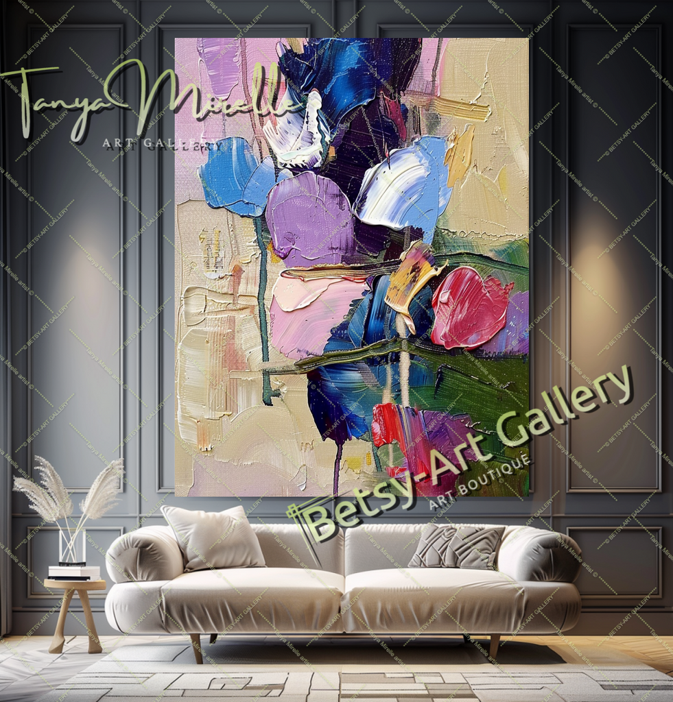 Colorful Bouquet Abstract Impasto Wall Art #180 – Large – Oil on Canvas – {{ product.title }} canvas artwork by Tanya Mirelle – modern wall decor – original artwork for home, living room, office, or gallery – original artwork by BETSY-ART GALLERY