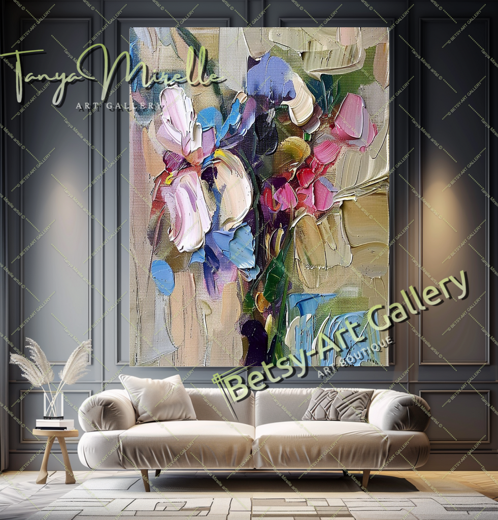 Colorful Bouquet Abstract Impasto Wall Art #181 – Large – Oil on Canvas – {{ product.title }} canvas artwork by Tanya Mirelle – modern wall decor – original artwork for home, living room, office, or gallery – original artwork by BETSY-ART GALLERY