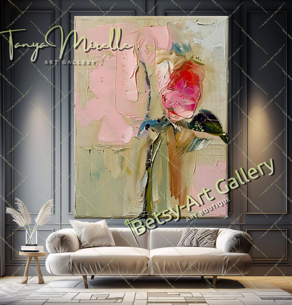 Modern Roses Oil Painting, Romantic Textured Art #184 – Large – Oil on Canvas – {{ product.title }} canvas artwork by Tanya Mirelle – modern wall decor – original artwork for home, living room, office, or gallery – original artwork by BETSY-ART GALLERY