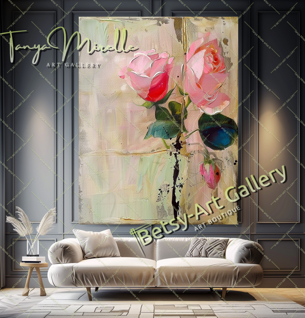 Modern Roses Oil Painting, Romantic Textured Art #184 – Large – Oil on Canvas – {{ product.title }} canvas artwork by Tanya Mirelle – modern wall decor – original artwork for home, living room, office, or gallery – original artwork by BETSY-ART GALLERY