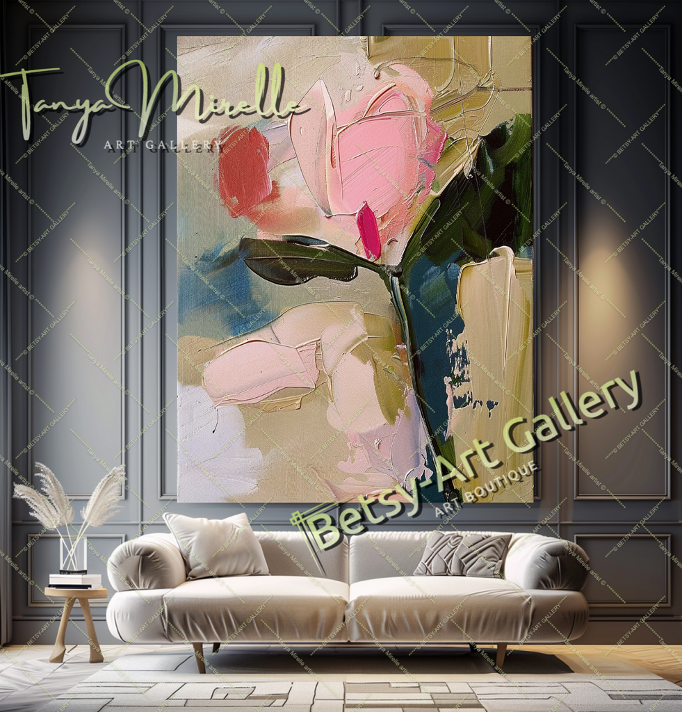 Modern Roses Oil Painting, Romantic Textured Art #184 – Large – Oil on Canvas – {{ product.title }} canvas artwork by Tanya Mirelle – modern wall decor – original artwork for home, living room, office, or gallery – original artwork by BETSY-ART GALLERY