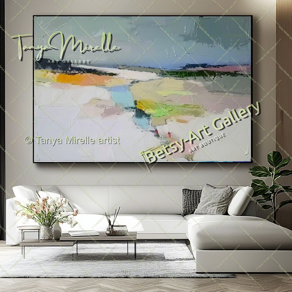 Neutral Abstract Landscape Painting – Colorful Impasto Canvas Art