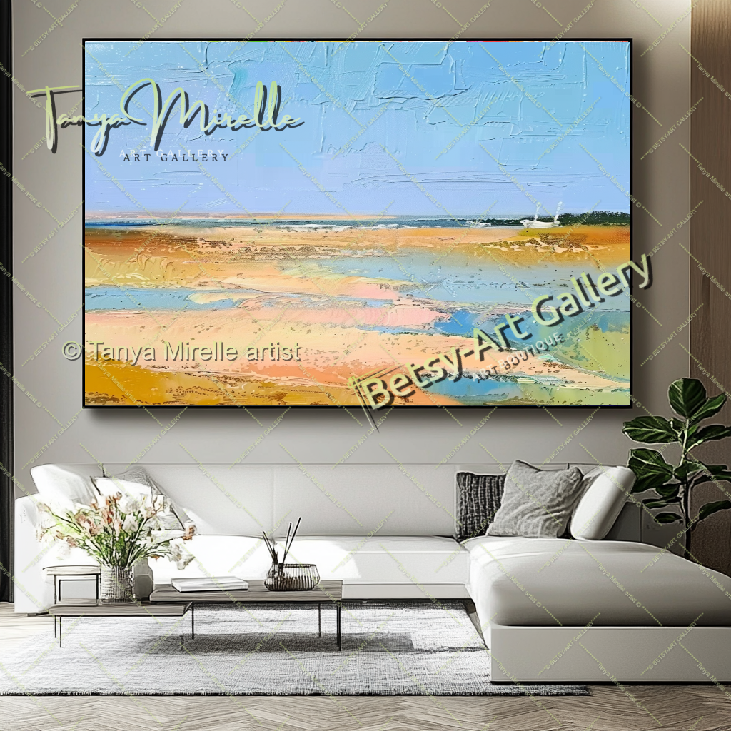 Mediterranean Seashore Painting – Colorful Canvas Wall Art for Living Room