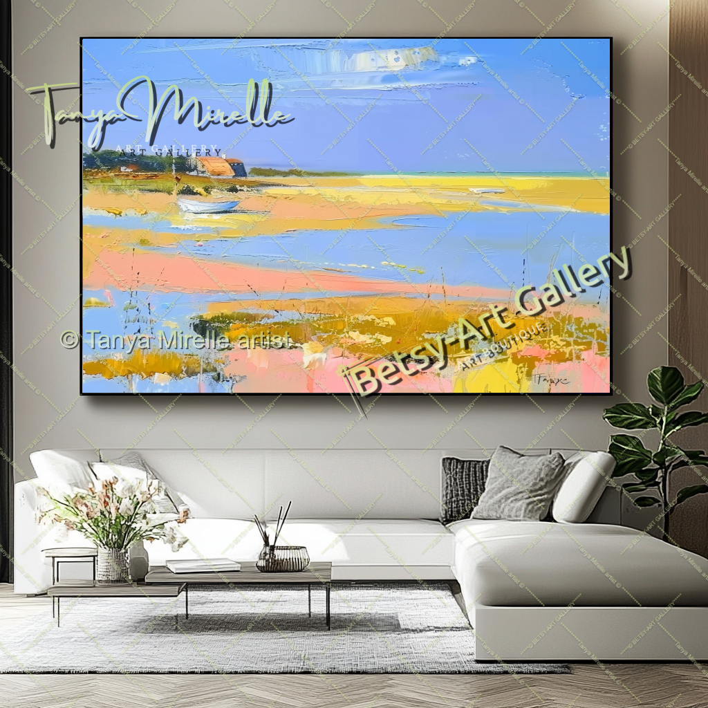 Mediterranean Seashore Painting – Colorful Canvas Wall Art for Living Room