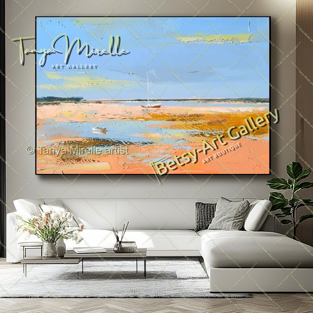 Mediterranean Seashore Painting – Colorful Canvas Wall Art for Living Room