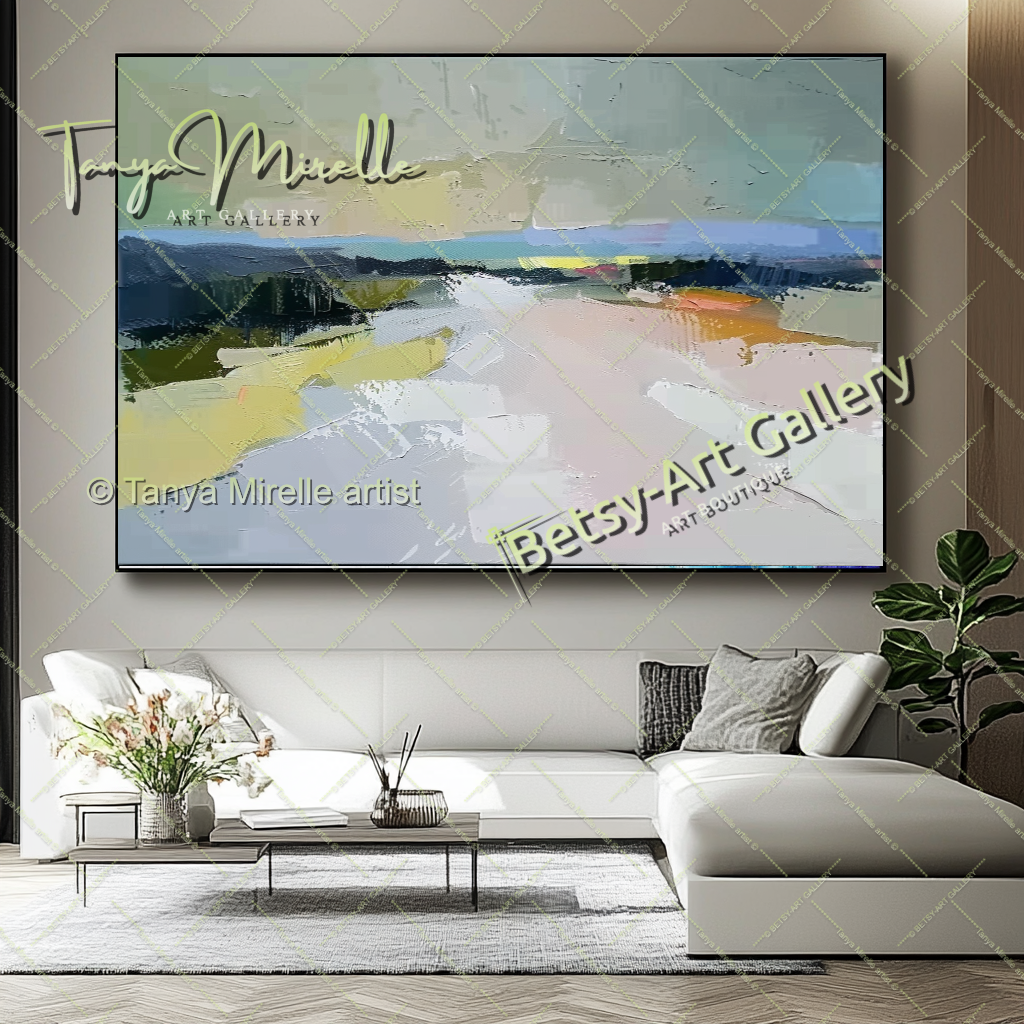 Neutral Abstract Landscape Painting – Colorful Impasto Canvas Art
