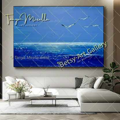 Blue Seascape Painting – Large Impasto Artwork for Home or Office