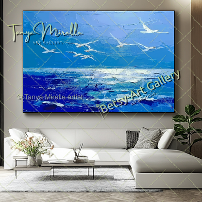 Blue Seascape Painting – Large Impasto Artwork for Home or Office