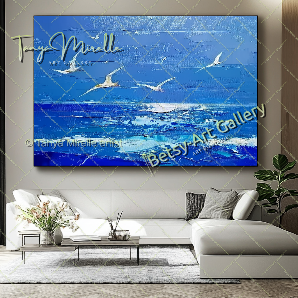 Blue Seascape Painting – Large Impasto Artwork for Home or Office