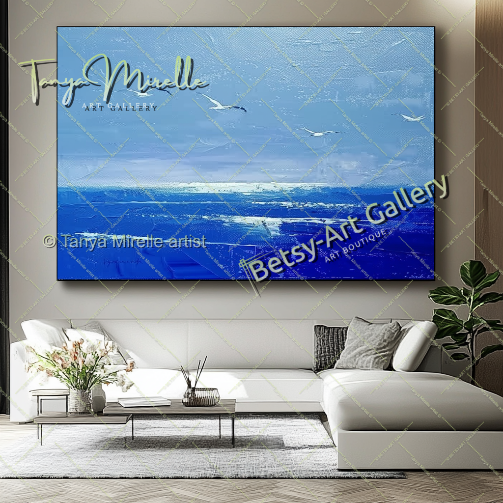 Blue Seascape Painting – Large Impasto Artwork for Home or Office