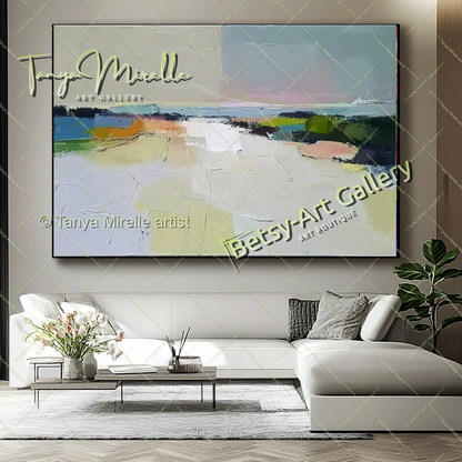 Neutral Abstract Landscape Painting – Colorful Impasto Canvas Art