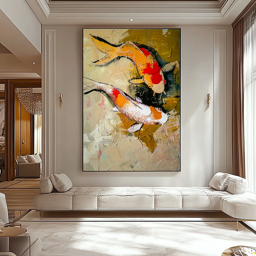 Unique Koi Fish Abstract Art - Modern Impasto Oil Painting on Canvas - Colorful Wall Art