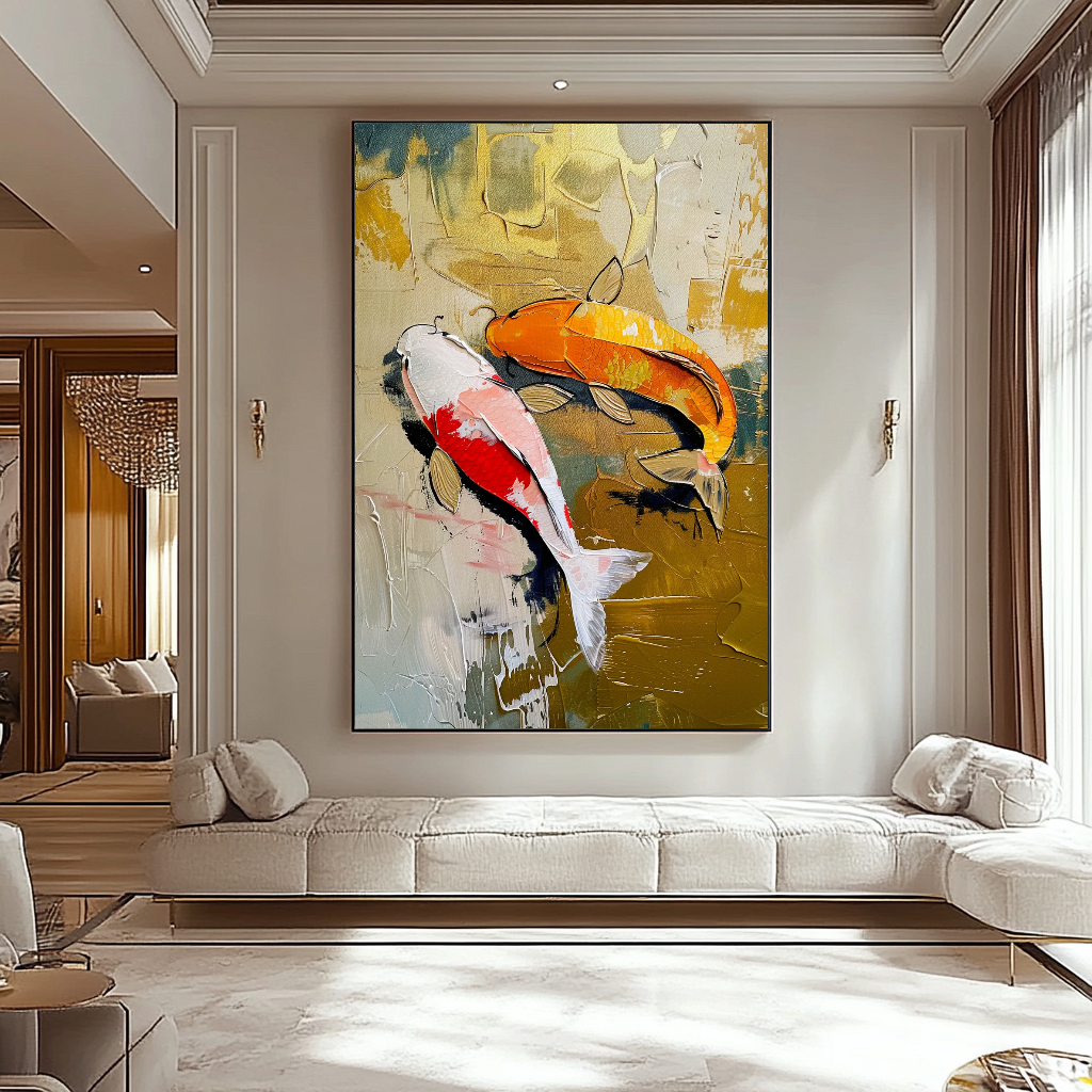 Vivid Koi Fish Abstract Art - Modern Impasto Oil Painting on Canvas - Colorful Wall Art – Large – Oil on Canvas – {{ product.title }} canvas artwork by Tanya Mirelle – modern wall decor – original artwork for home, living room, office, or gallery – original artwork by BETSY-ART GALLERY
