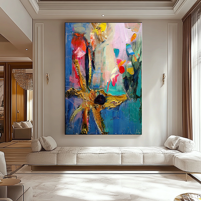 Abstract Underwater World Impasto Oil Painting - Starfish and Coral Coastal Art for Contemporary Spaces
