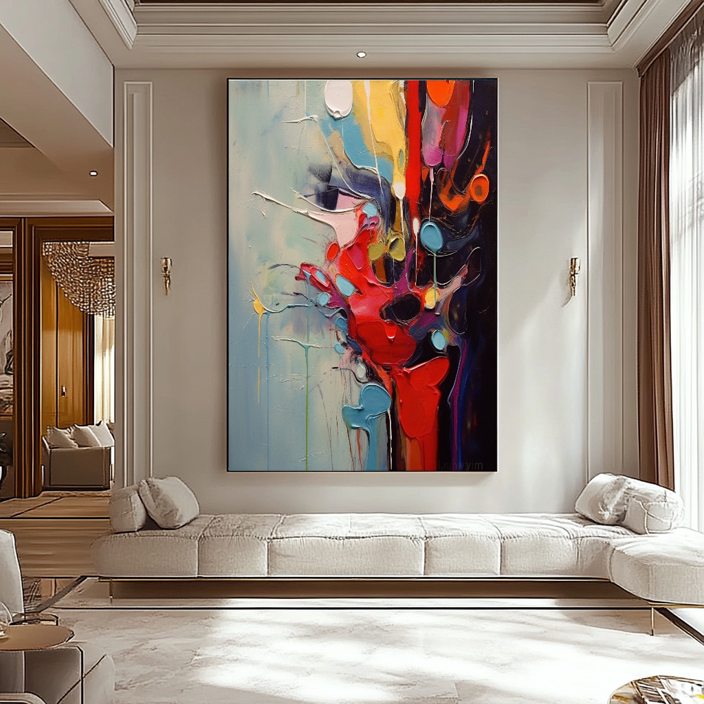 Unique Blue Red Abstract Art - Modern Impasto Oil Painting on Canvas for Living Room, Office, Hotel