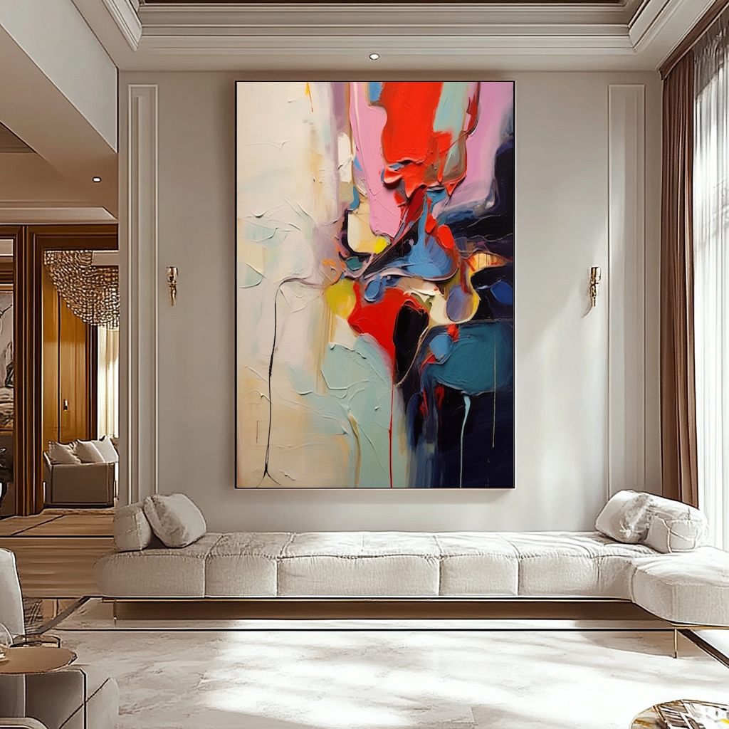 Unique Blue Red Abstract Art - Modern Impasto Oil Painting on Canvas for Living Room, Office, Hotel