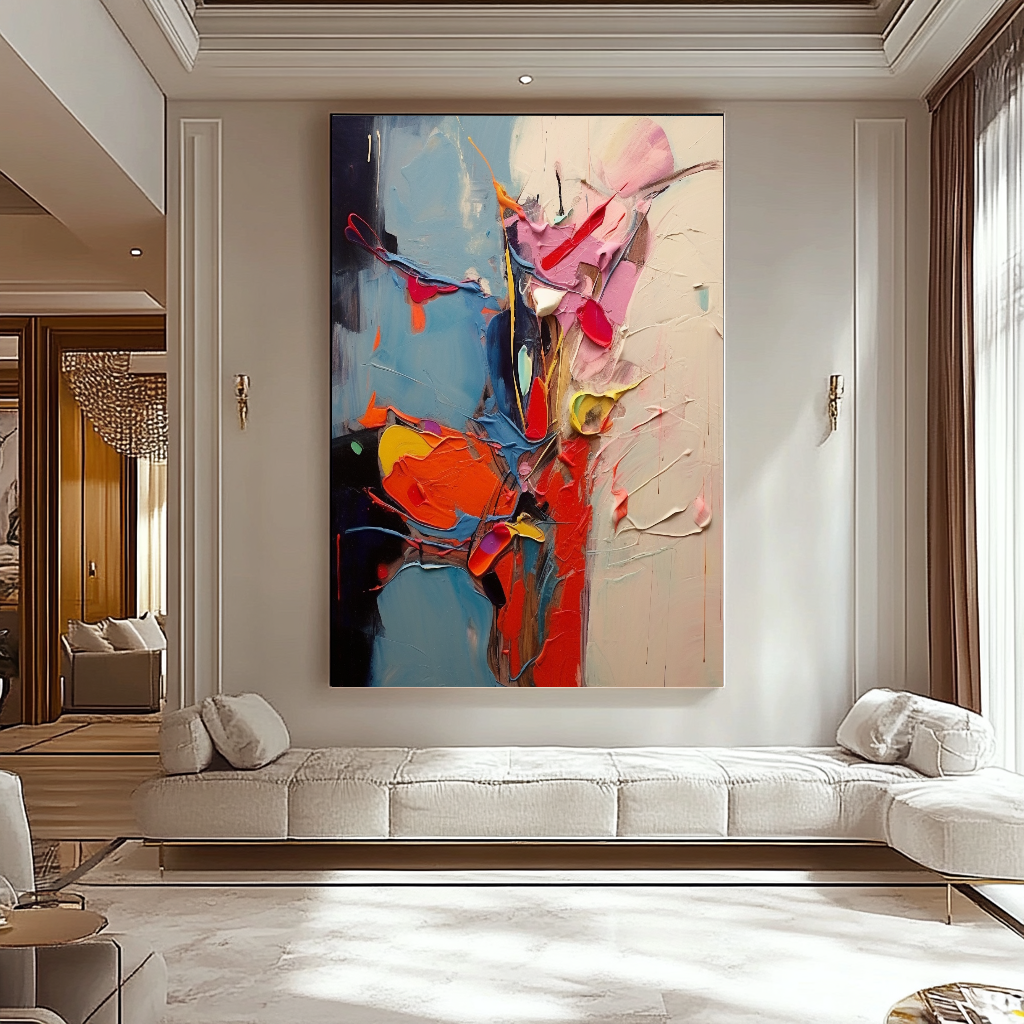 Unique Blue Red Abstract Art - Modern Impasto Oil Painting on Canvas for Living Room, Office, Hotel
