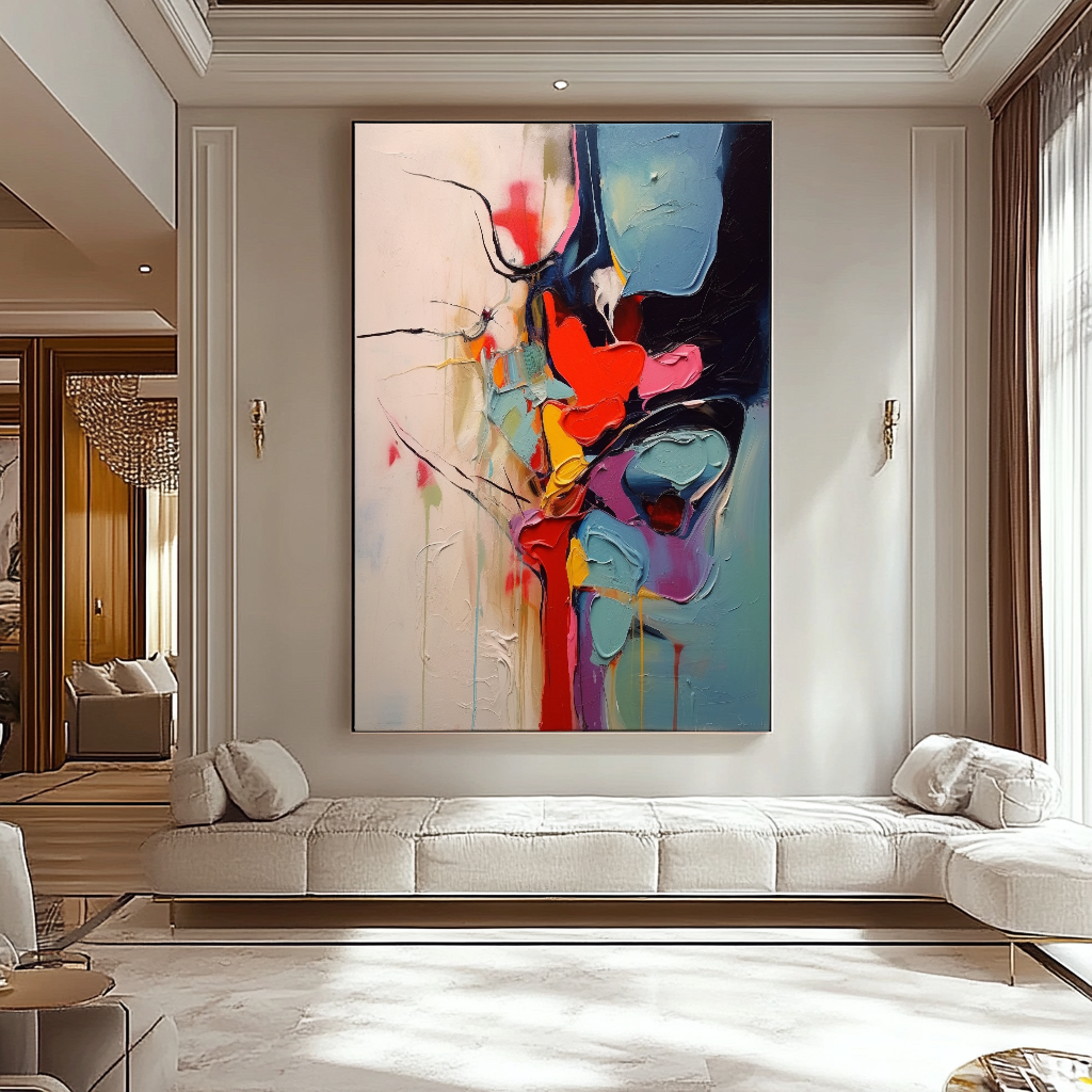 Unique Blue Red Abstract Art - Modern Impasto Oil Painting on Canvas for Living Room, Office, Hotel