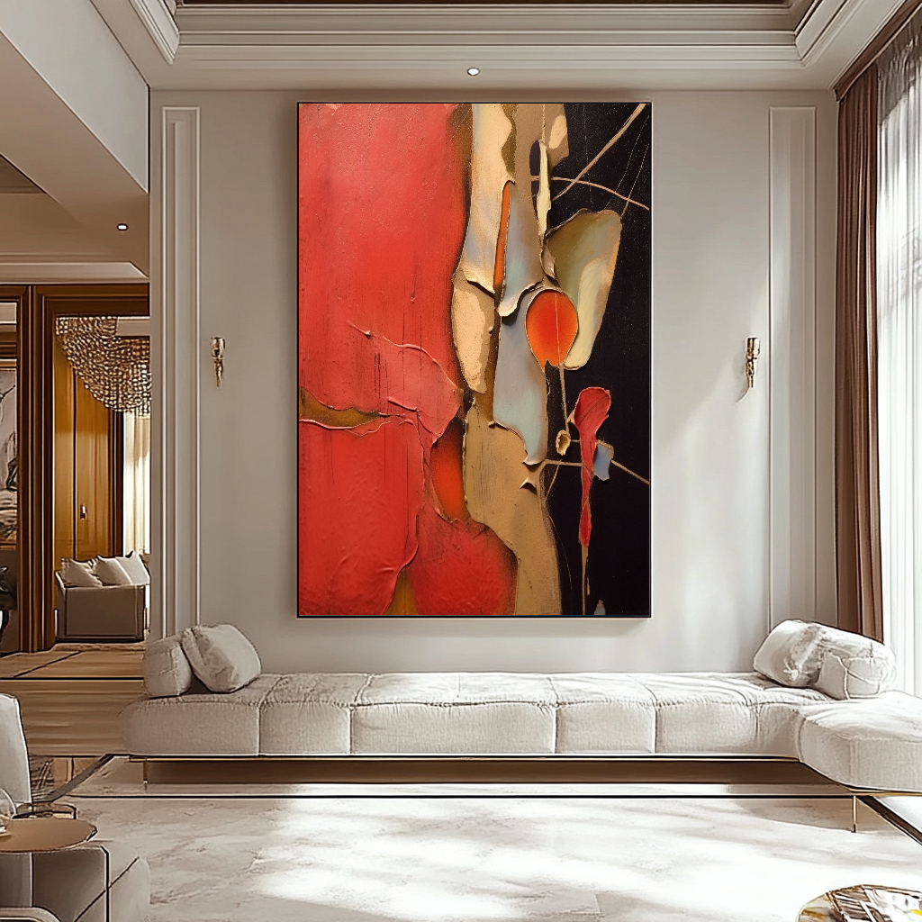 Unique Red Gold Abstract Art - Modern Impasto Oil Painting on Canvas for Living Room, Office, Hotel