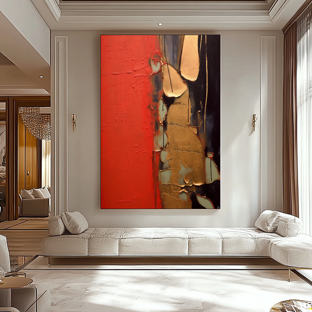 Unique Red Gold Abstract Art - Modern Impasto Oil Painting on Canvas for Living Room, Office, Hotel