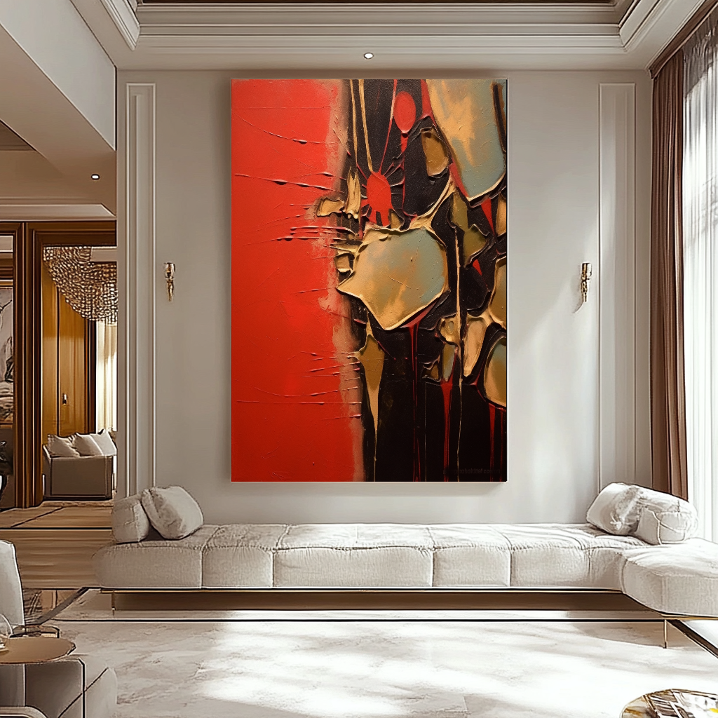 Unique Red Gold Abstract Art - Modern Impasto Oil Painting on Canvas for Living Room, Office, Hotel