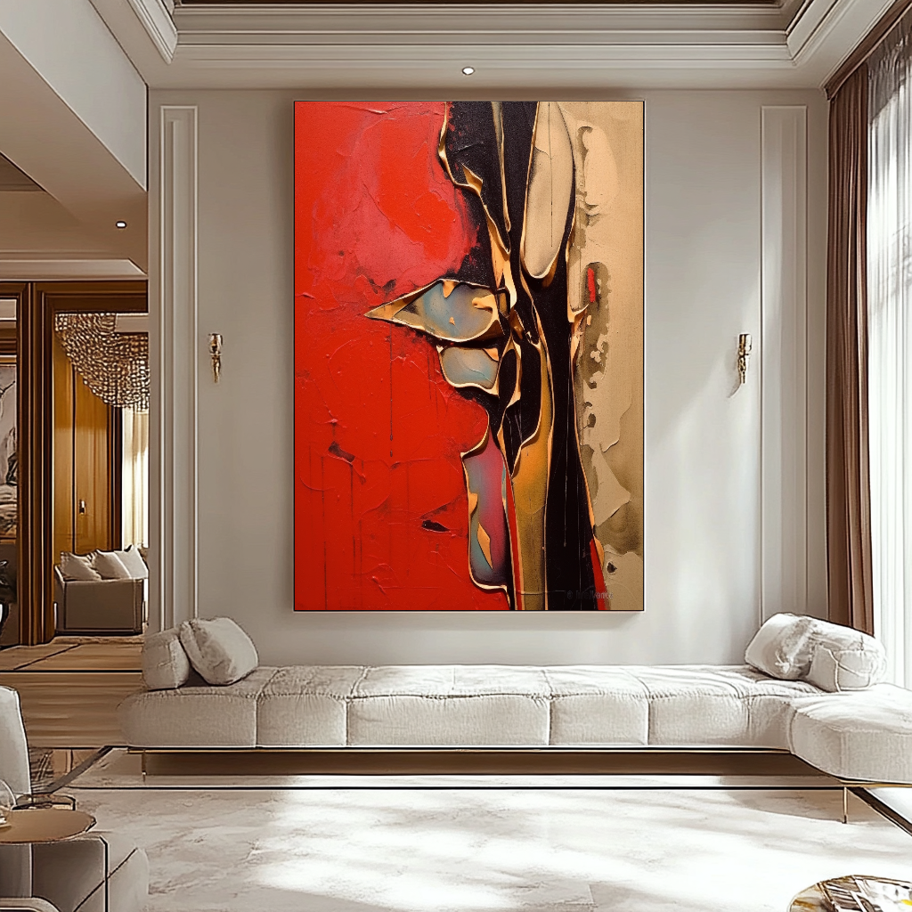Unique Red Gold Abstract Art - Modern Impasto Oil Painting on Canvas for Living Room, Office, Hotel