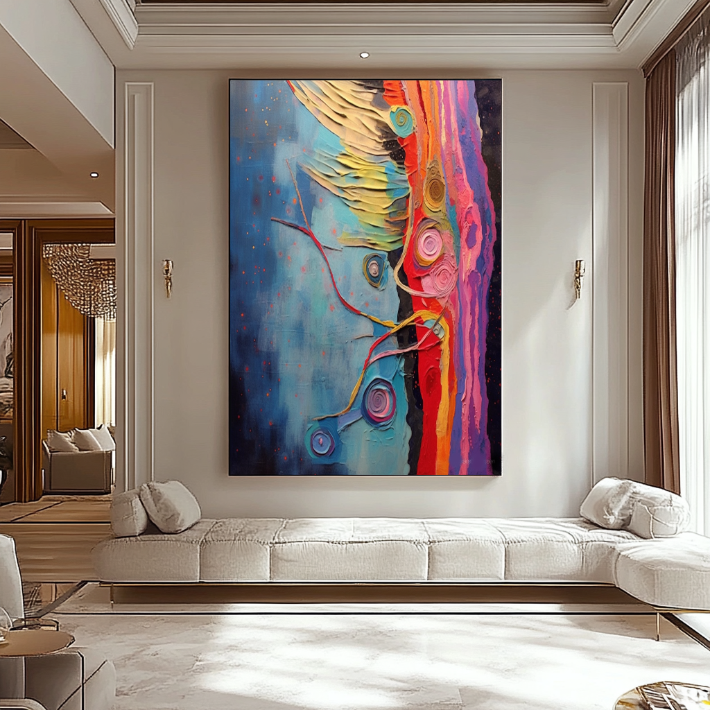 Blue Red Abstract Art - Modern Impasto Oil Painting on Canvas for Living Room, Office, Hotel