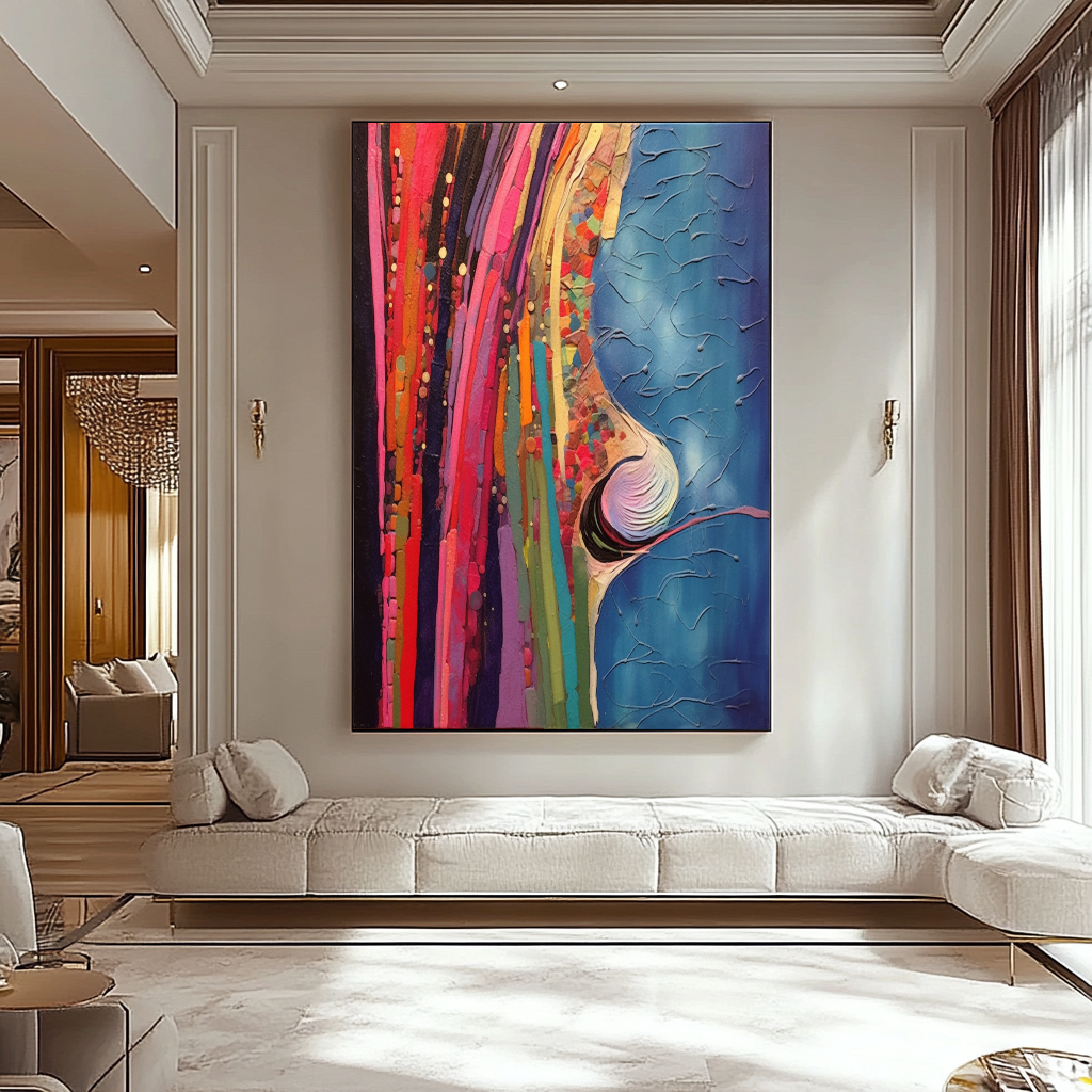 Blue Red Abstract Art - Modern Impasto Oil Painting on Canvas for Living Room, Office, Hotel