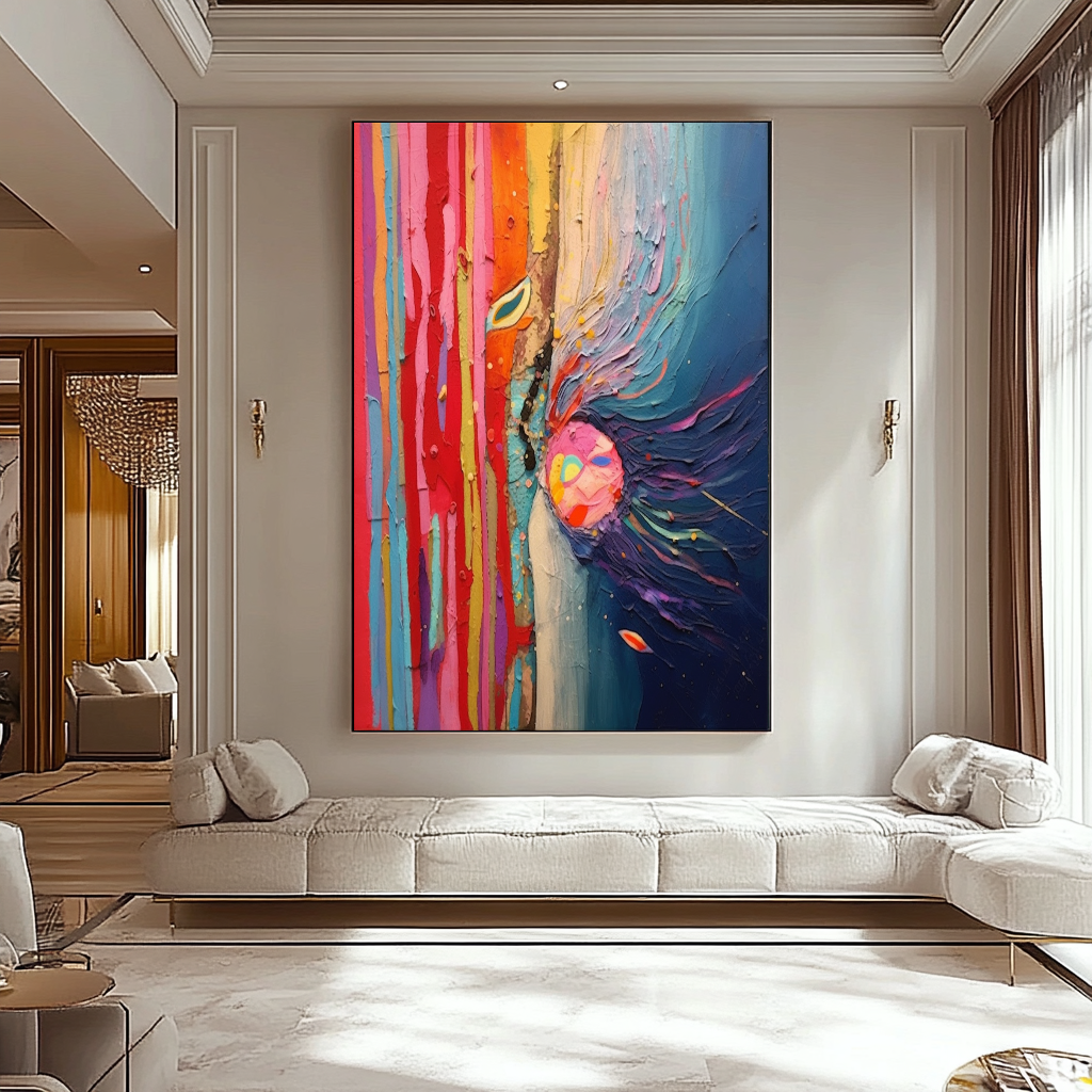 Blue Red Abstract Art - Modern Impasto Oil Painting on Canvas for Living Room, Office, Hotel