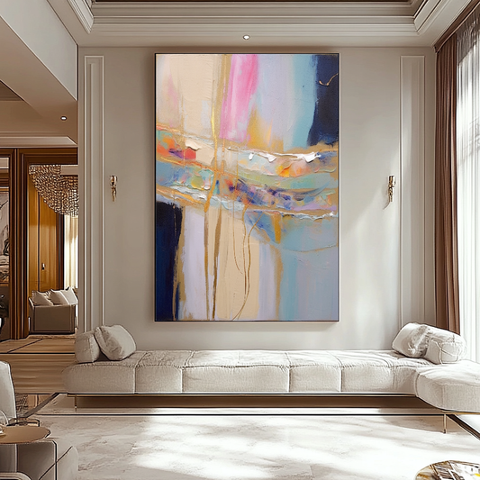 Pastel Blue Abstract Art - Modern Impasto Oil Painting on Canvas for Living Room, Office, Hotel