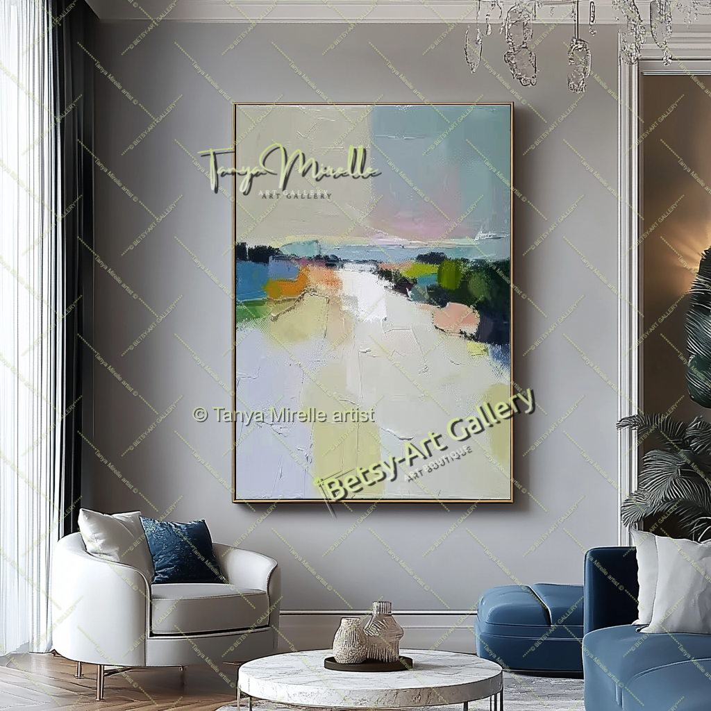 Neutral Abstract Landscape Painting – Colorful Impasto Canvas Art