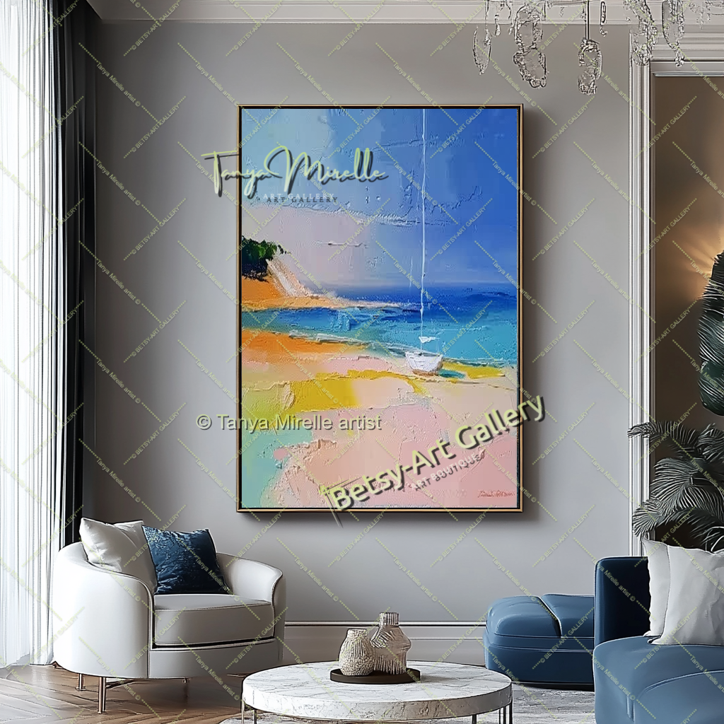 Soft Seashore Painting – Large Impasto Artwork for Home or Office