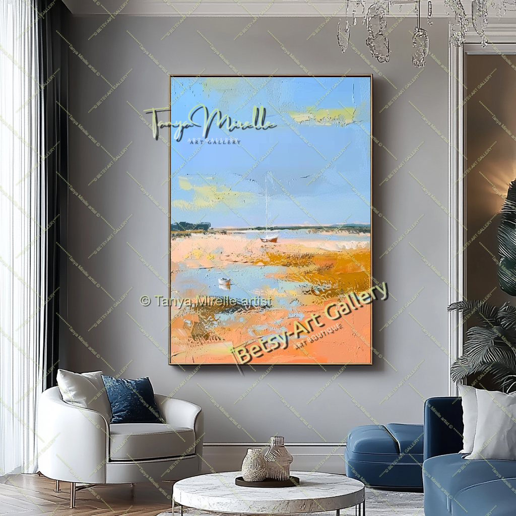 Mediterranean Seashore Painting – Colorful Canvas Wall Art for Living Room