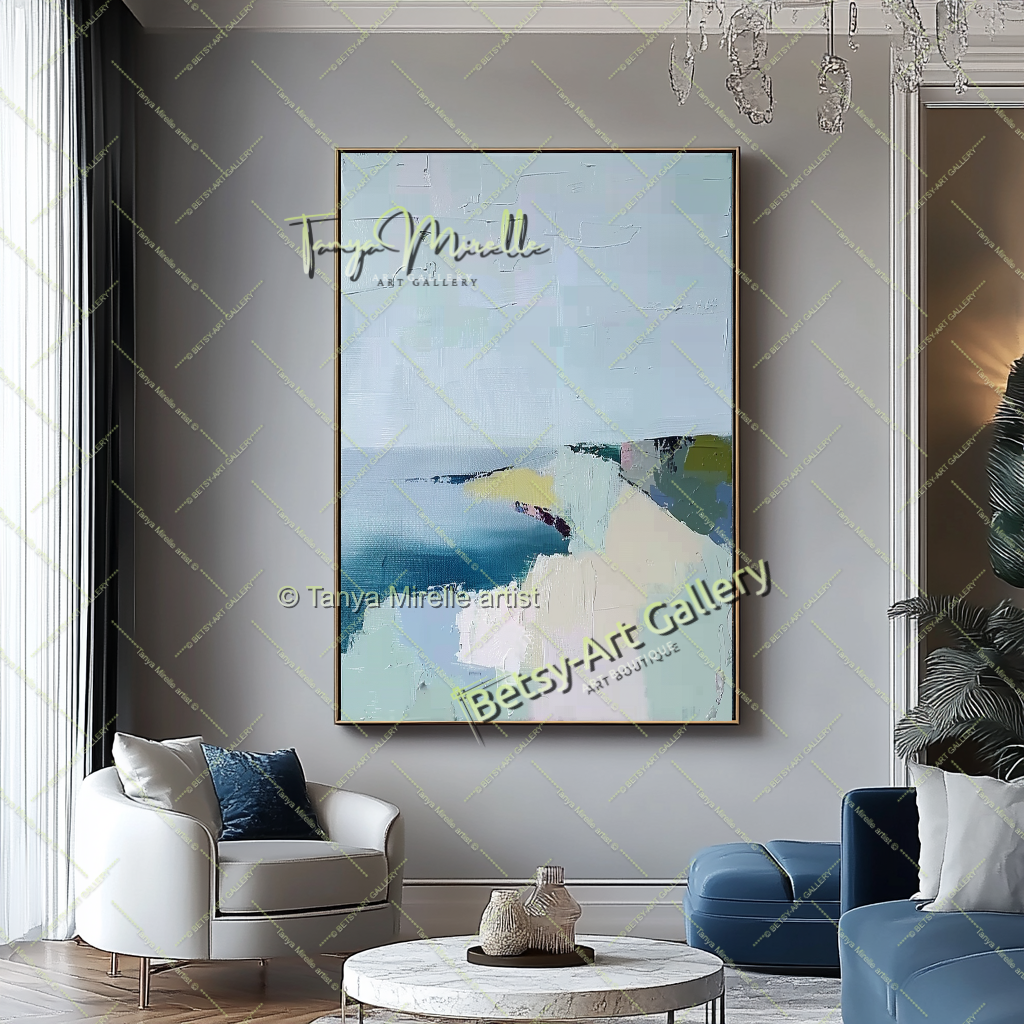 Minimalist Seashore Artwork – Impasto Landscape Abstract Painting