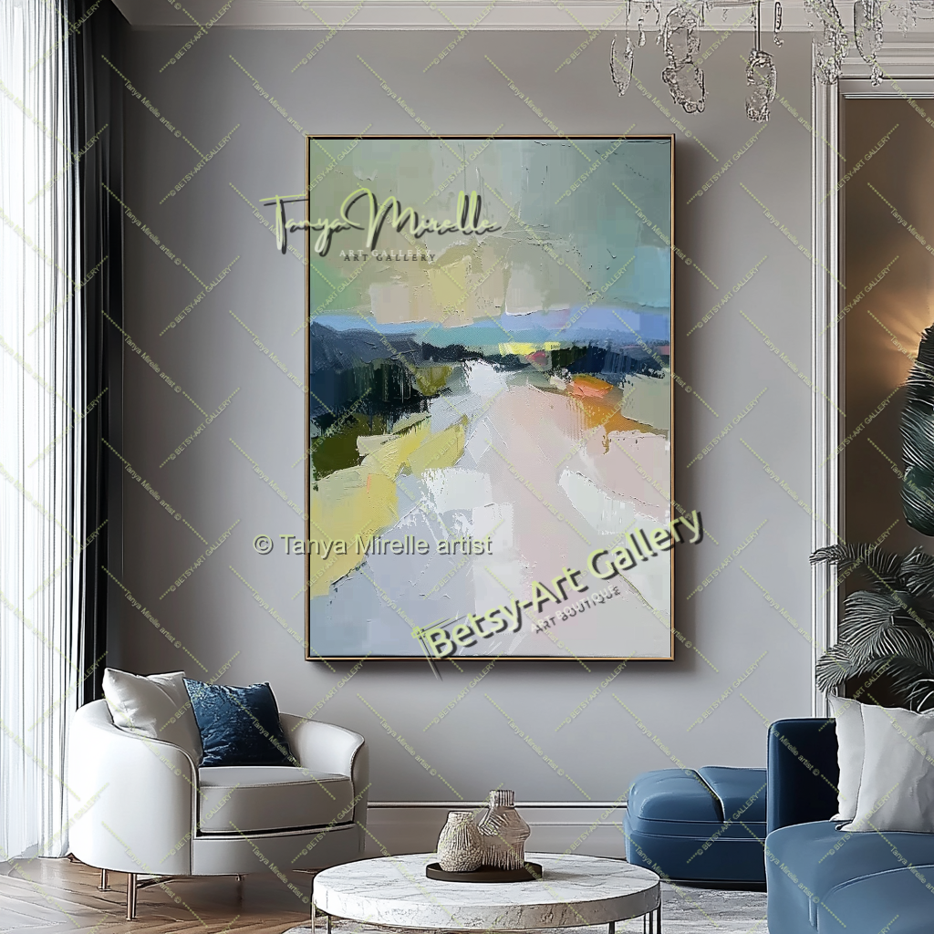 Neutral Abstract Landscape Painting – Colorful Impasto Canvas Art