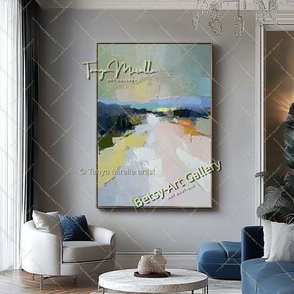 Neutral Abstract Landscape Painting – Colorful Impasto Canvas Art