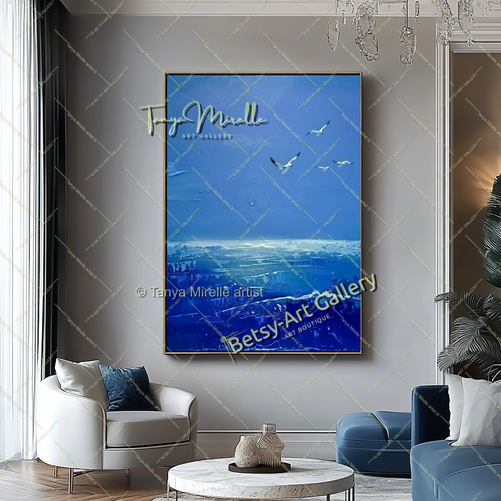 Blue Seascape Painting – Large Impasto Artwork for Home or Office