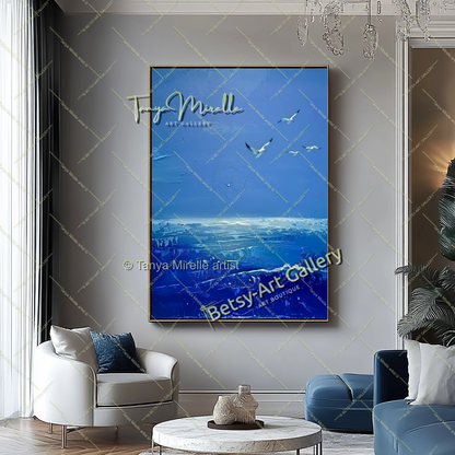 Blue Seascape Painting – Large Impasto Artwork for Home or Office
