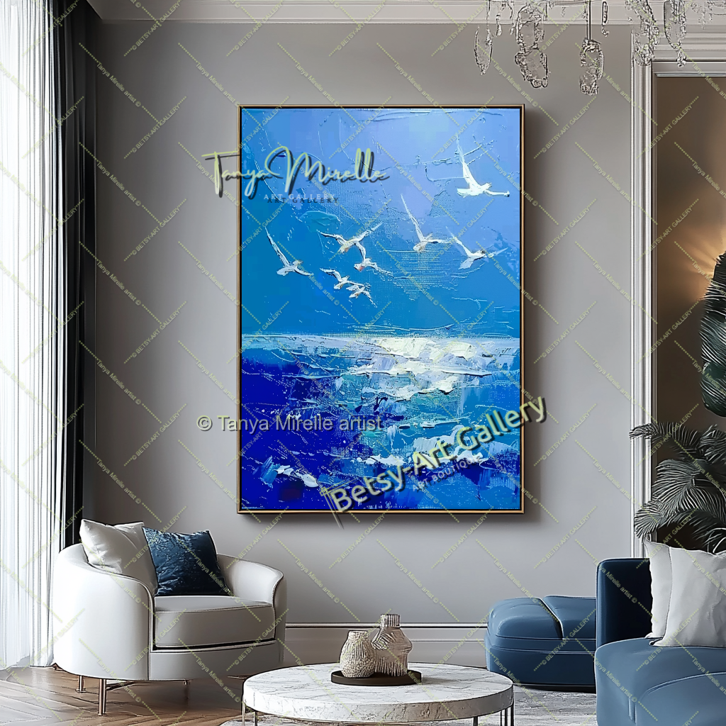 Blue Seascape Painting – Large Impasto Artwork for Home or Office