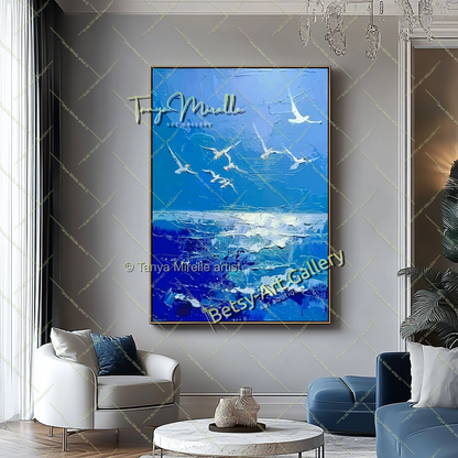 Blue Seascape Painting – Large Impasto Artwork for Home or Office