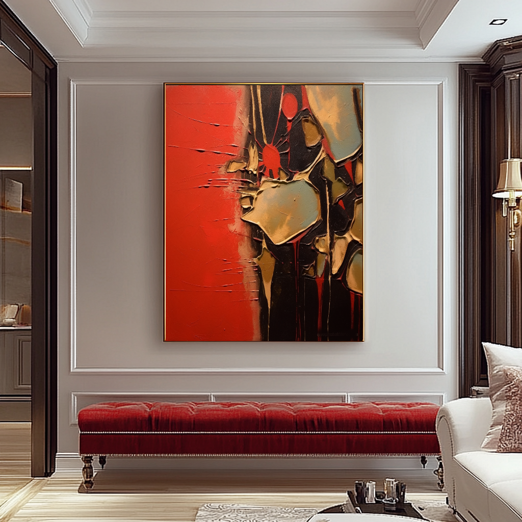 Unique Red Gold Abstract Art - Modern Impasto Oil Painting on Canvas for Living Room, Office, Hotel – Large – Oil on Canvas – {{ product.title }} canvas artwork by Tanya Mirelle – modern wall decor – original artwork for home, living room, office, or gallery – original artwork by BETSY-ART GALLERY