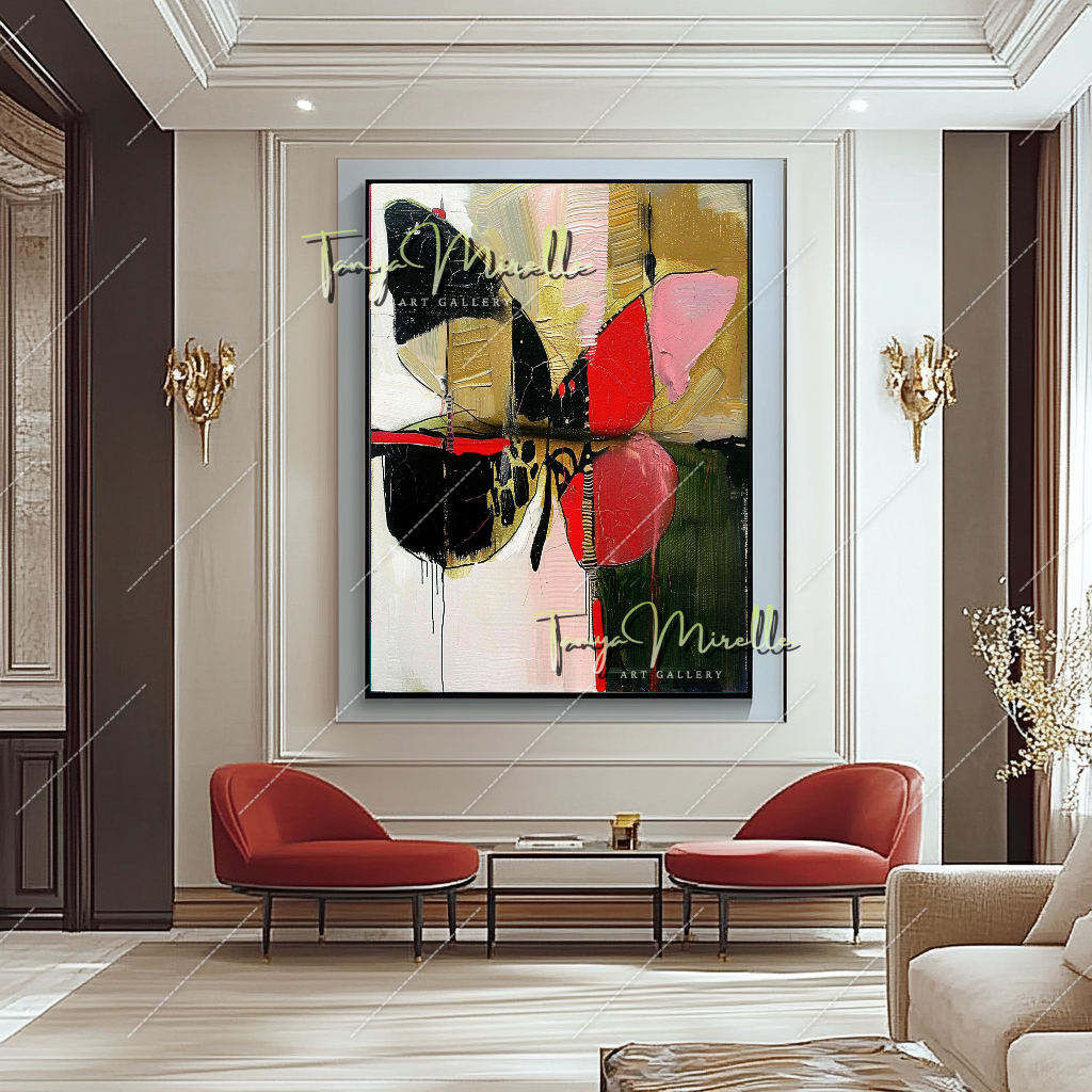 Red Black Abstract Butterfly Canvas Oil Painting #207 – Large – Oil on Canvas – {{ product.title }} canvas artwork by Tanya Mirelle – modern wall decor – original artwork for home, living room, office, or gallery – original artwork by BETSY-ART GALLERY